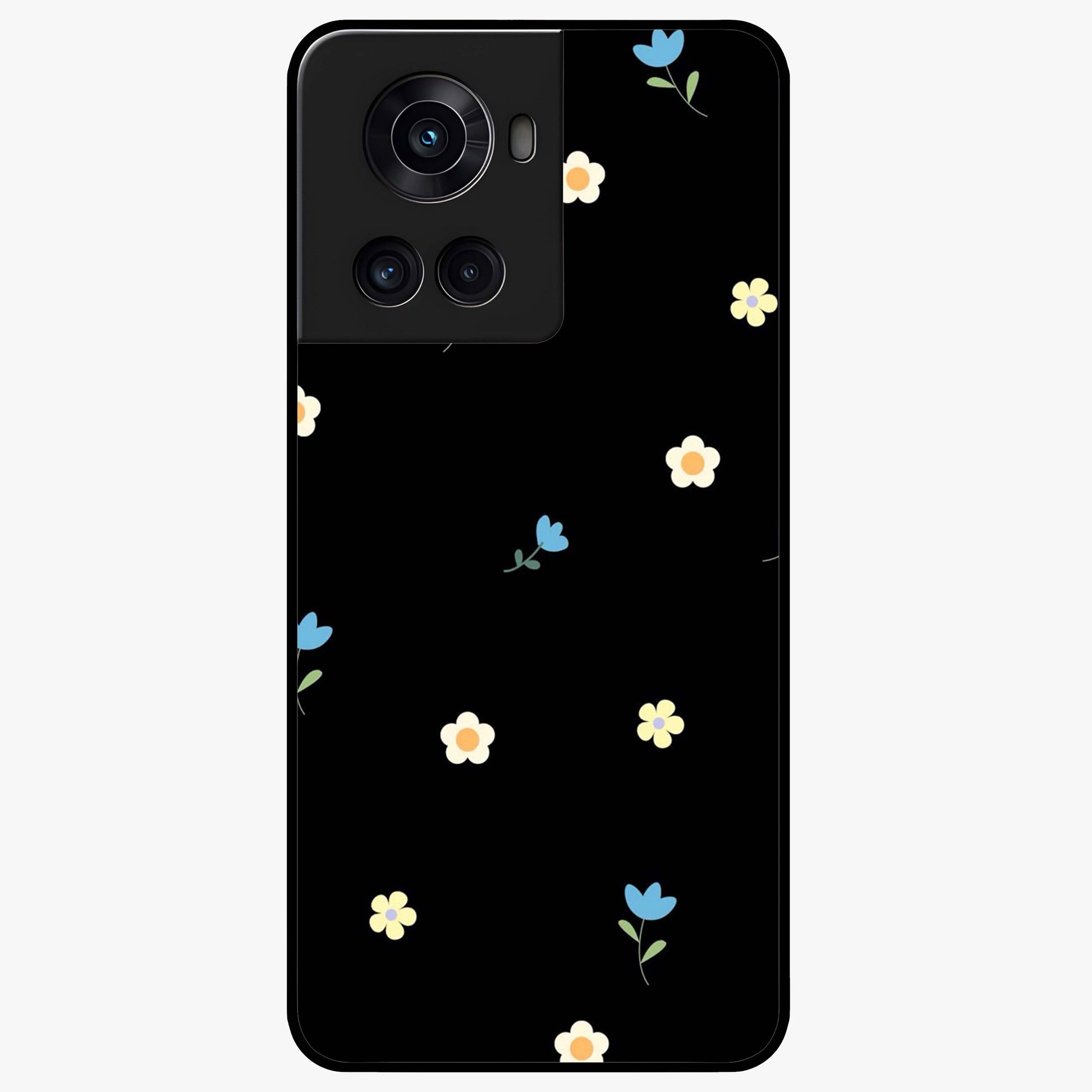 Minimalistic Blue With White Flower Pattern Glass Case for 1+10R fresh front view featuring white floral artwork on blue background