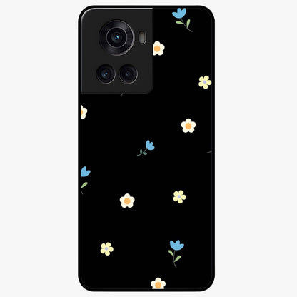Minimalistic Blue With White Flower Pattern Glass Case for 1+10R fresh front view featuring white floral artwork on blue background