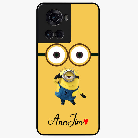 Minion Custom Name Glass Case for 1+10R playful front view featuring cartoon inspired artwork with personalized name design