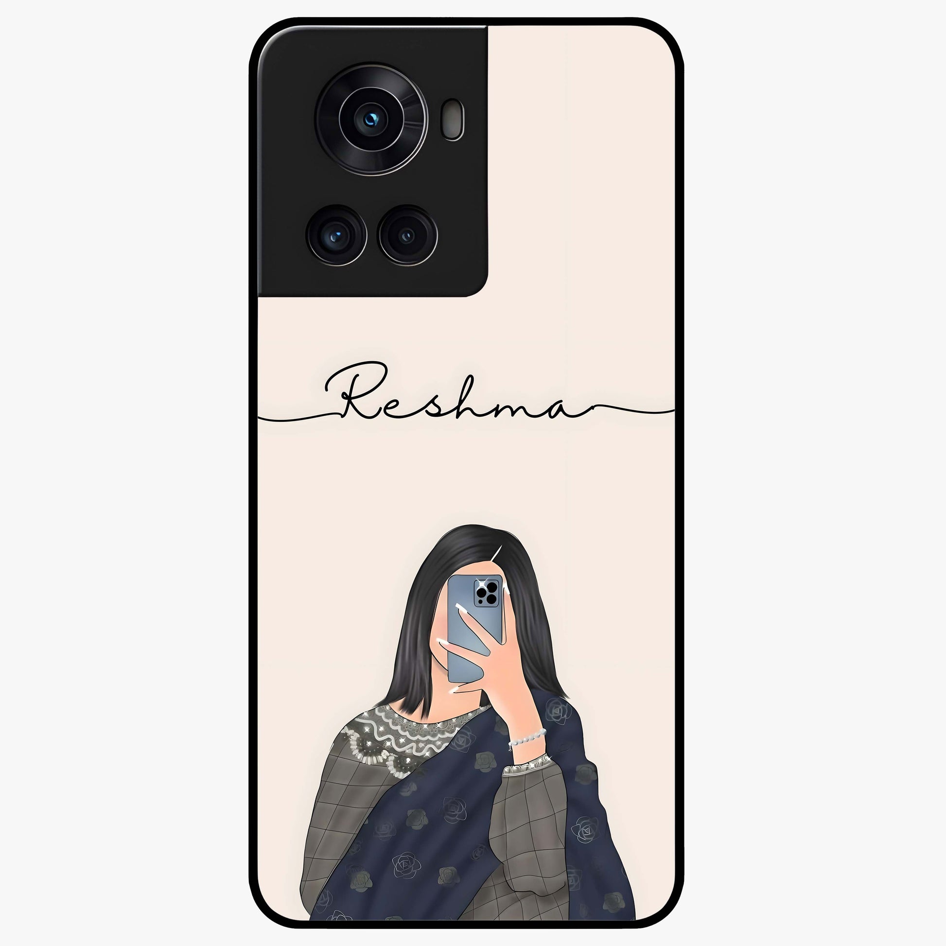 Mirror Mood Muse With Custom Name Glass Case for 1+10R stylish front view featuring aesthetic artwork with personalized name detail
