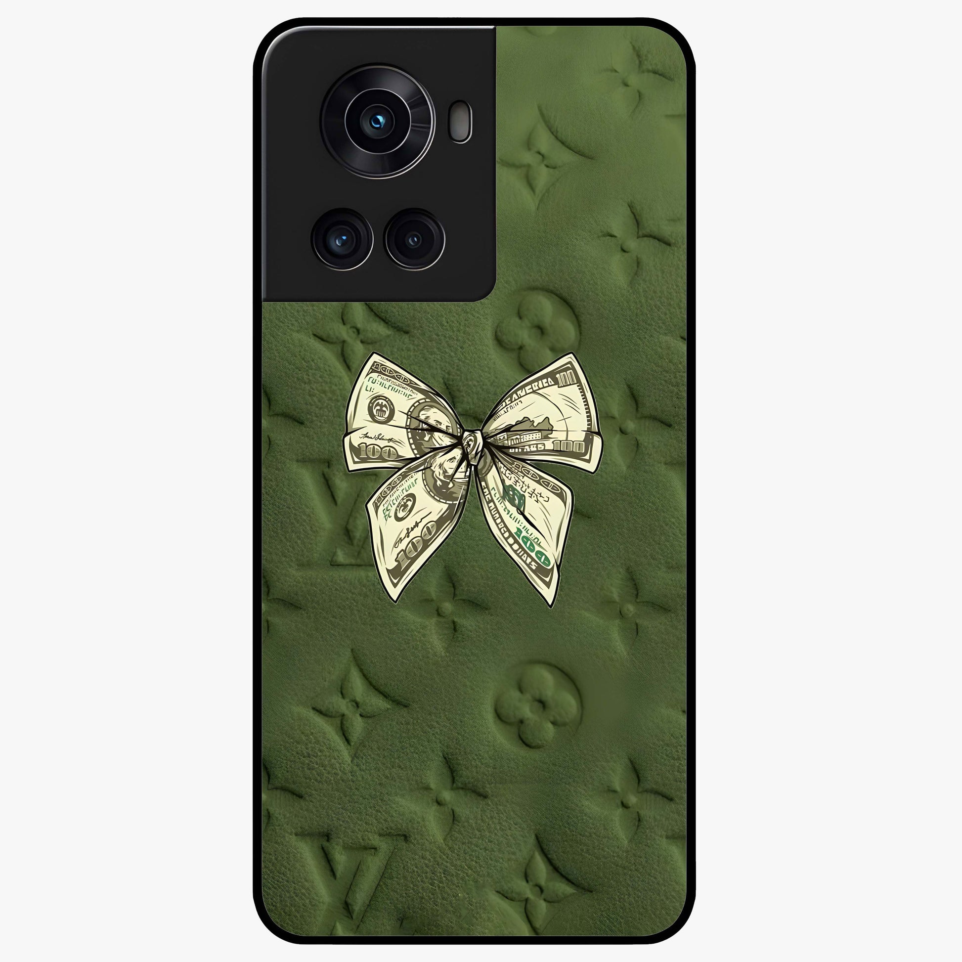 Money Bow Lv Glass Case for 1+10R luxury inspired front view featuring bold fashion themed artwork