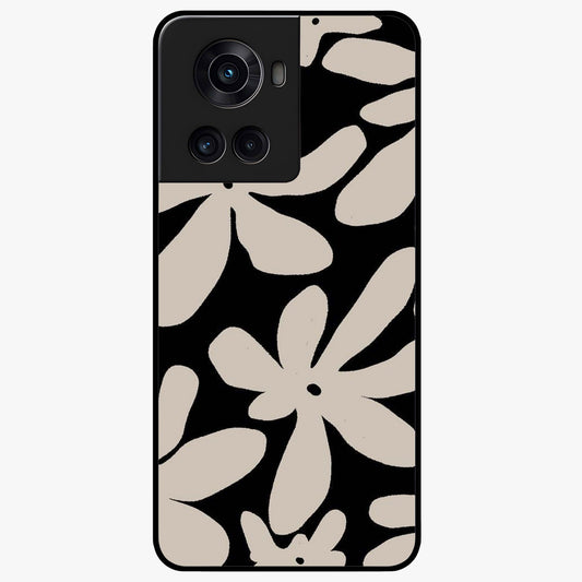 Monochrome Petal Dance Glass Case for 1+10R artistic front view featuring black and white floral artwork