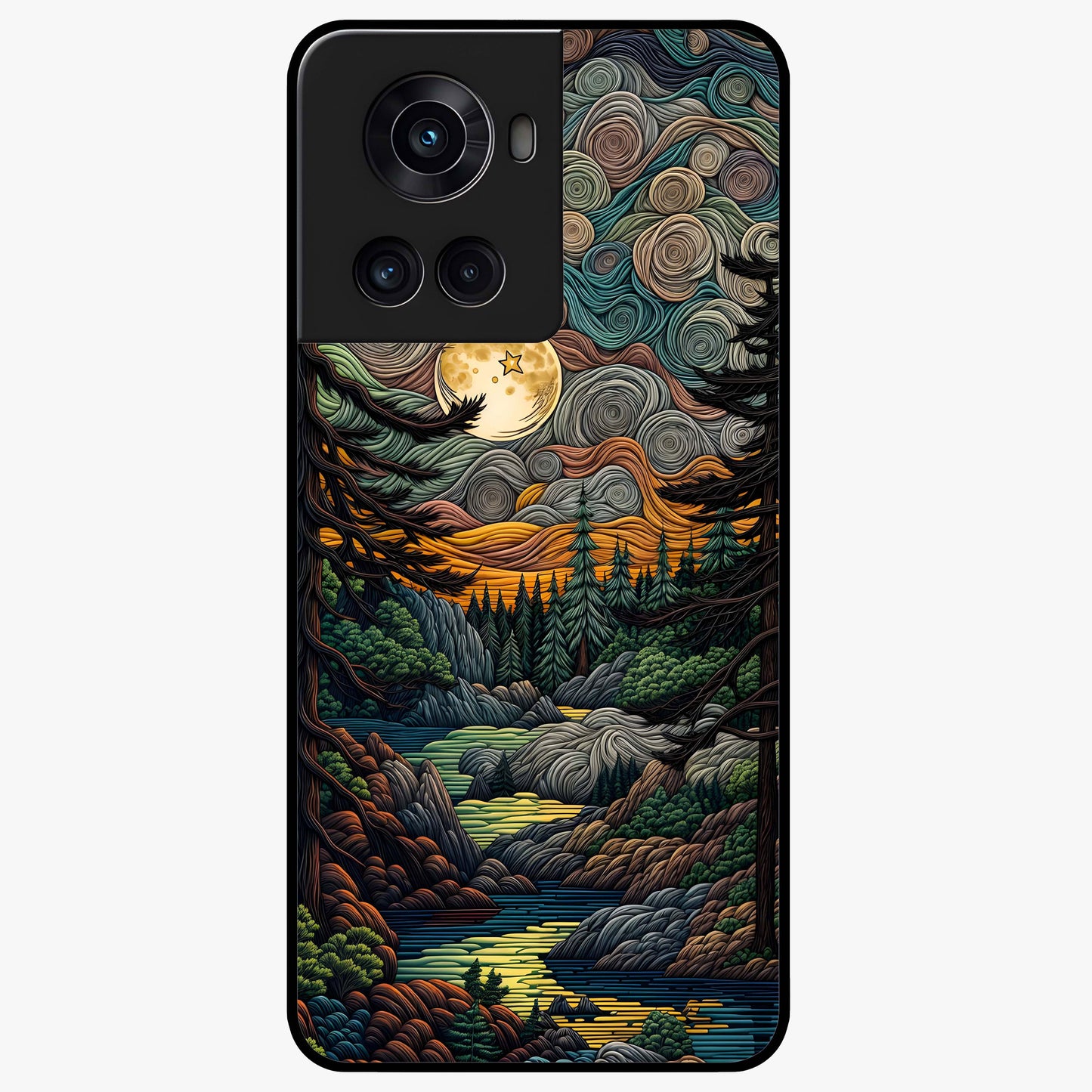 Moonlight Forest Dream Glass Case for 1+10R dreamy front view featuring forest artwork under glowing moonlight