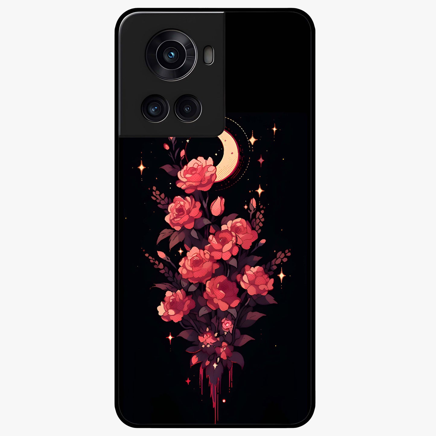 Moonlit Floral Elegance Glass Case for 1+10R graceful front view featuring sophisticated floral artwork on dark backdrop