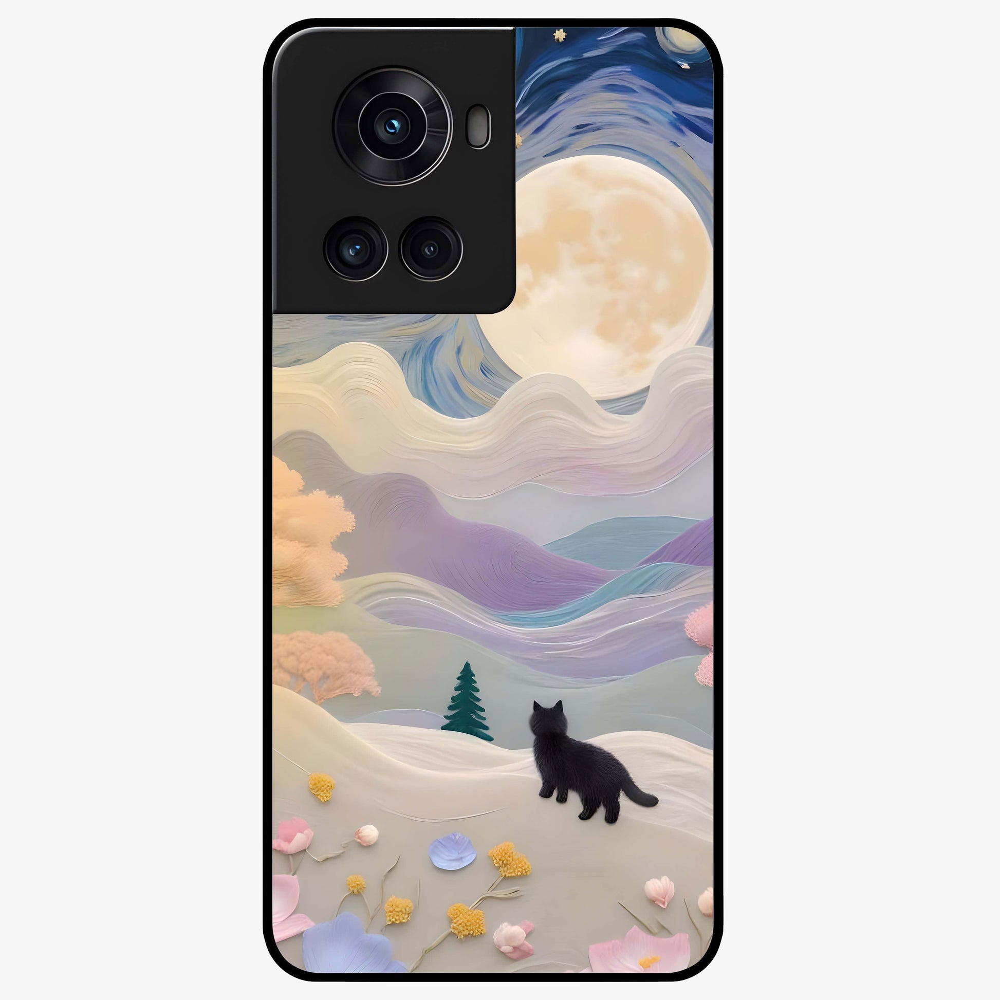 Moonlit Petal Path Glass Case for 1+10R artistic front view featuring floral pathway artwork under soft moonlight