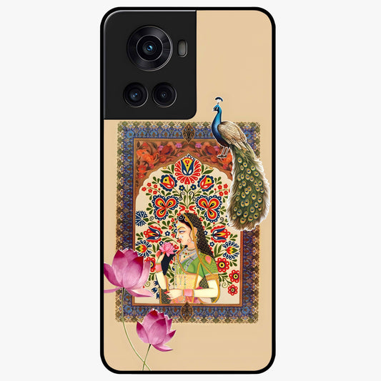 Mughal Princess and Peacock Glass Case for 1+10R royal front view featuring intricate princess and peacock artwork