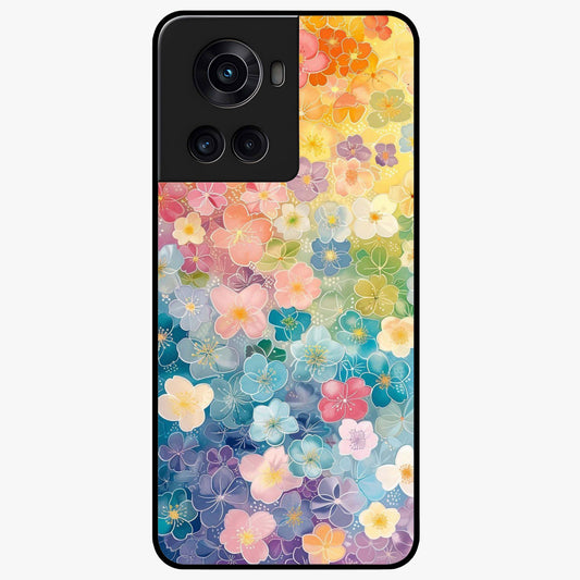 Multiple Background With Flower Glass Case for 1+10R vibrant front view featuring layered floral artwork on mixed backgrounds