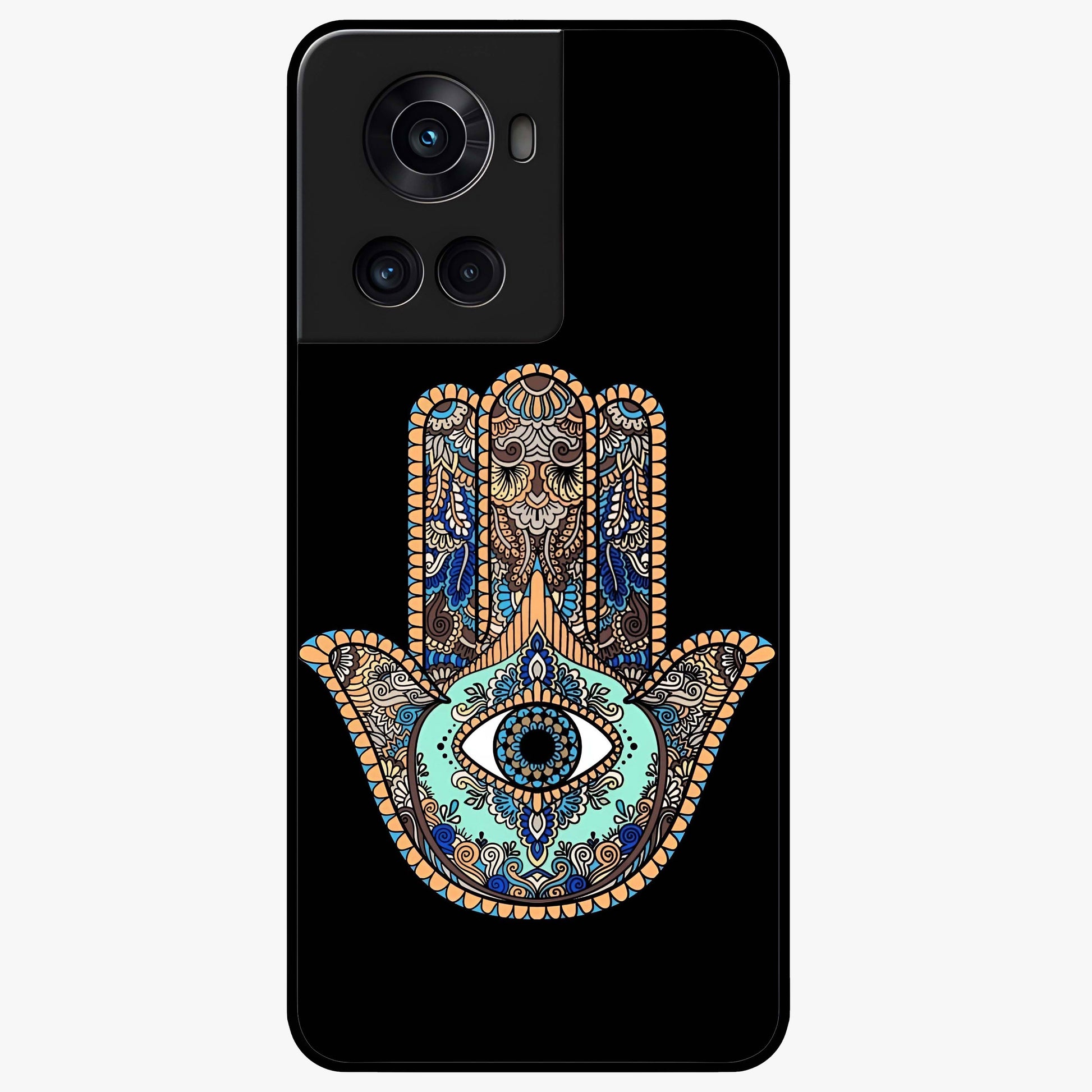 Mystic Hamsa Eye Glass Case for 1+10R symbolic front view featuring traditional hamsa eye artwork