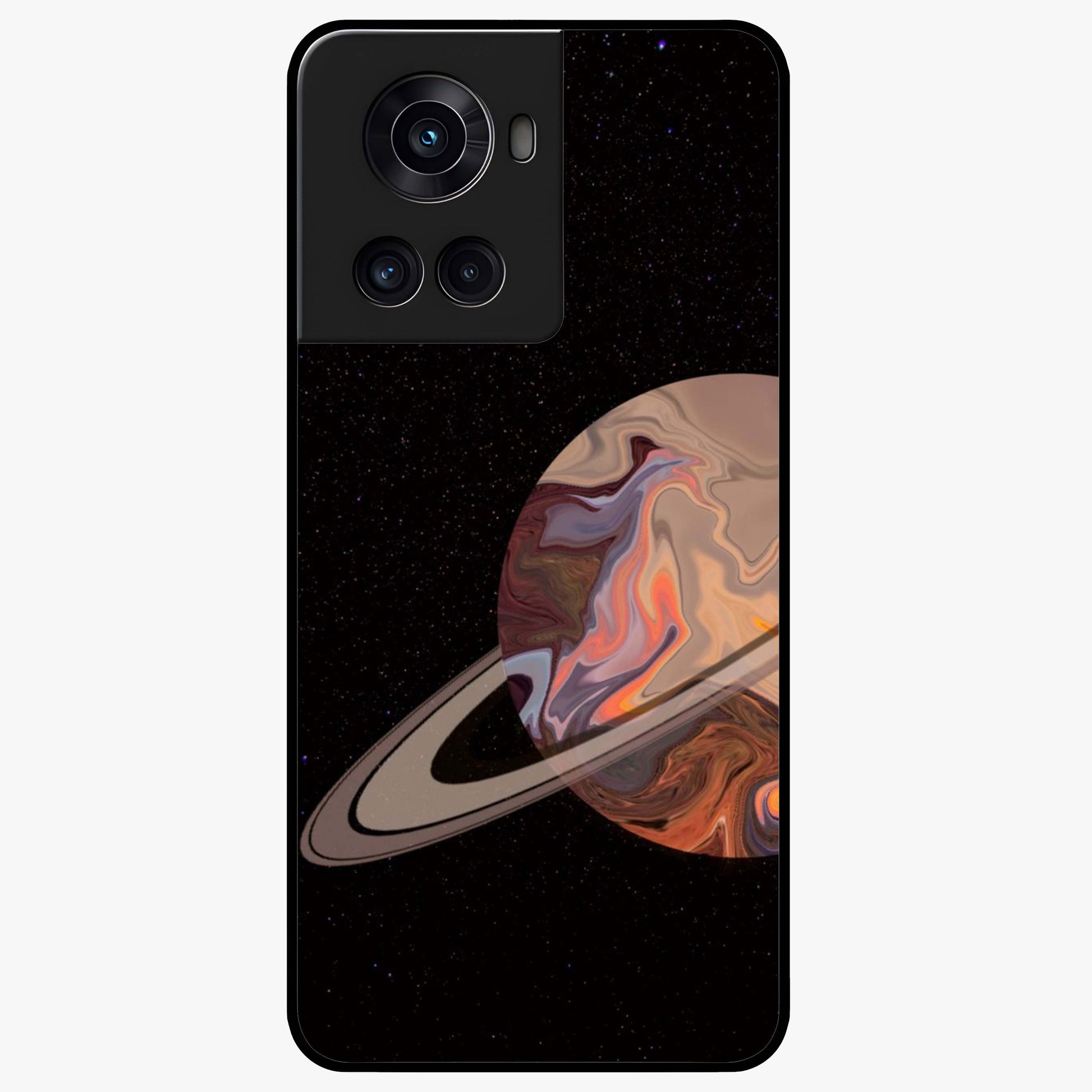 Mystic Saturn Aesthetic Glass Case for 1+10R celestial front view featuring Saturn inspired cosmic artwork