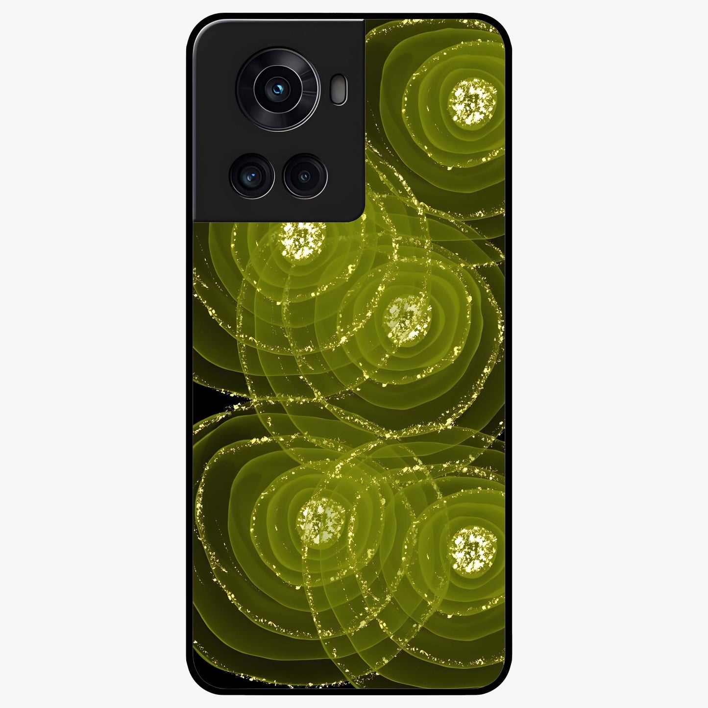 Neon Orbit Bloom Marble Glass Case for 1+10R artistic front view featuring marble texture with neon orbit accents