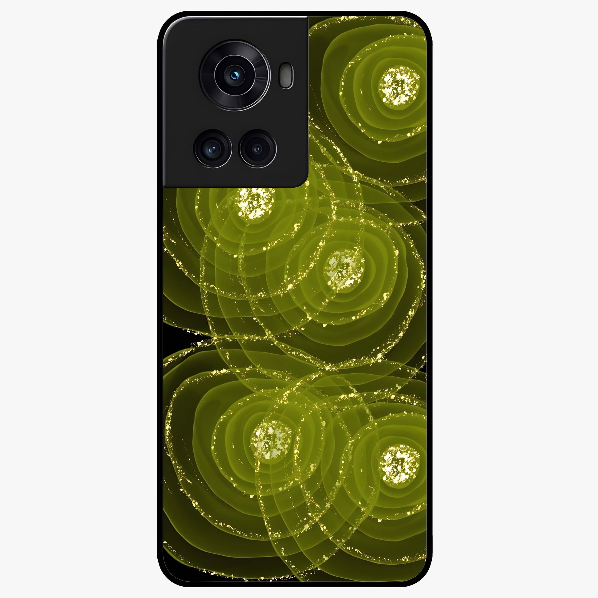 Neon Orbit Bloom Marble Glass Case for 1+10R artistic front view featuring marble texture with neon orbit accents