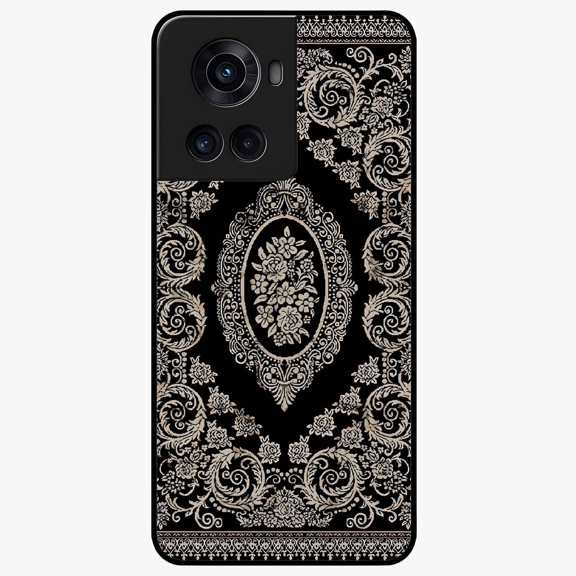 Noir Bloom Elegance Glass Case for 1+10R elegant front view featuring dark floral artwork in noir tones