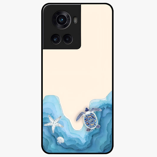 Ocean Drift Turtle Glass Case for 1+10R serene front view featuring sea turtle artwork in calming ocean tones