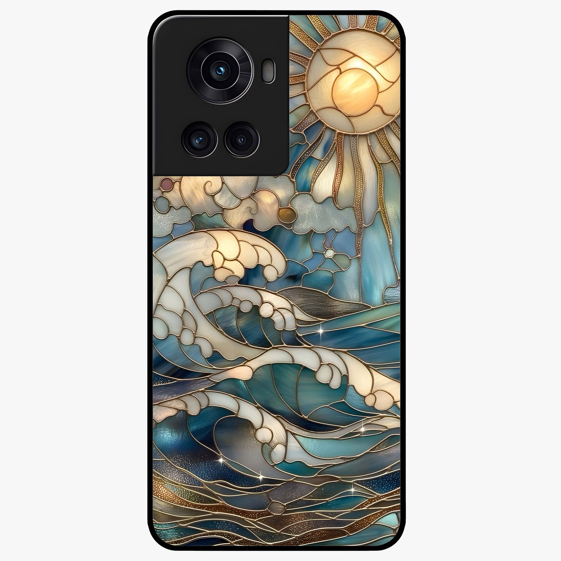 Ocean Mosaic Art Glass Case for 1+10R artistic front view featuring mosaic inspired ocean artwork