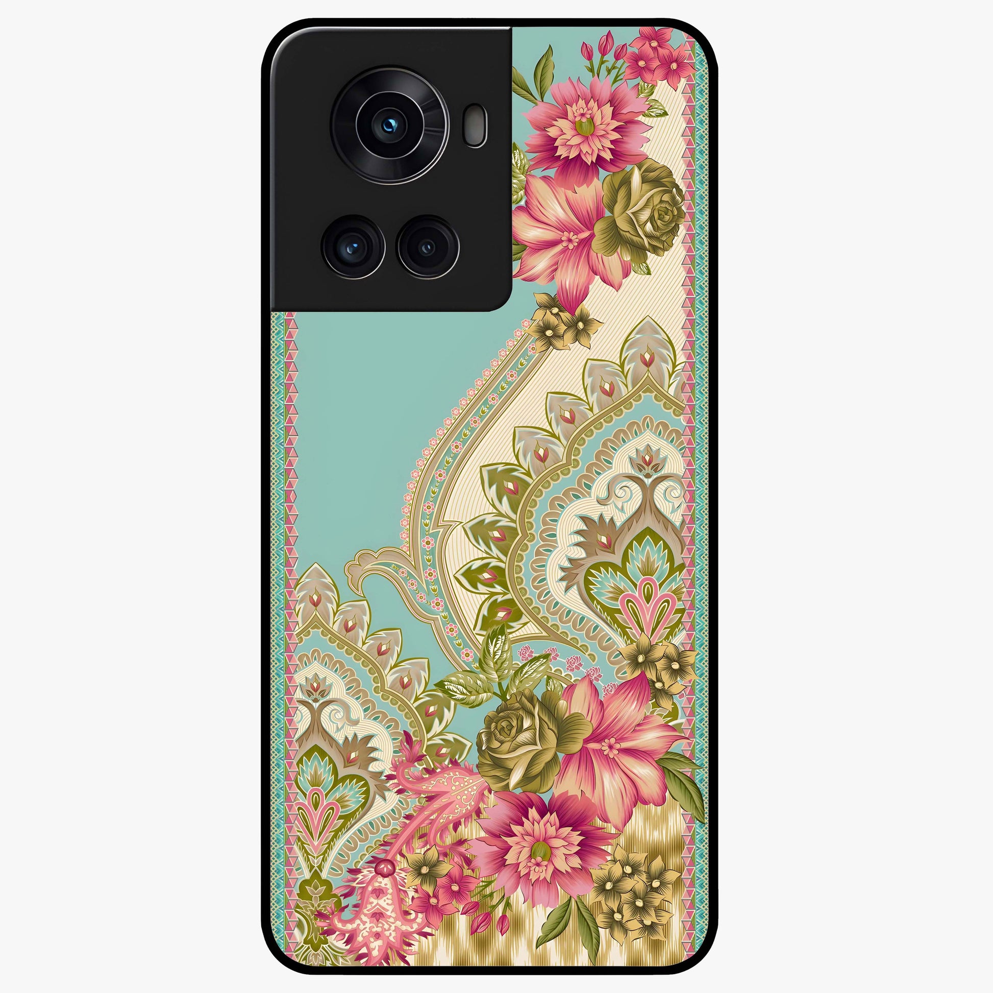 Ornate Mughal Floral Pattern Glass Case for 1+10R royal front view featuring intricate Mughal inspired floral artwork