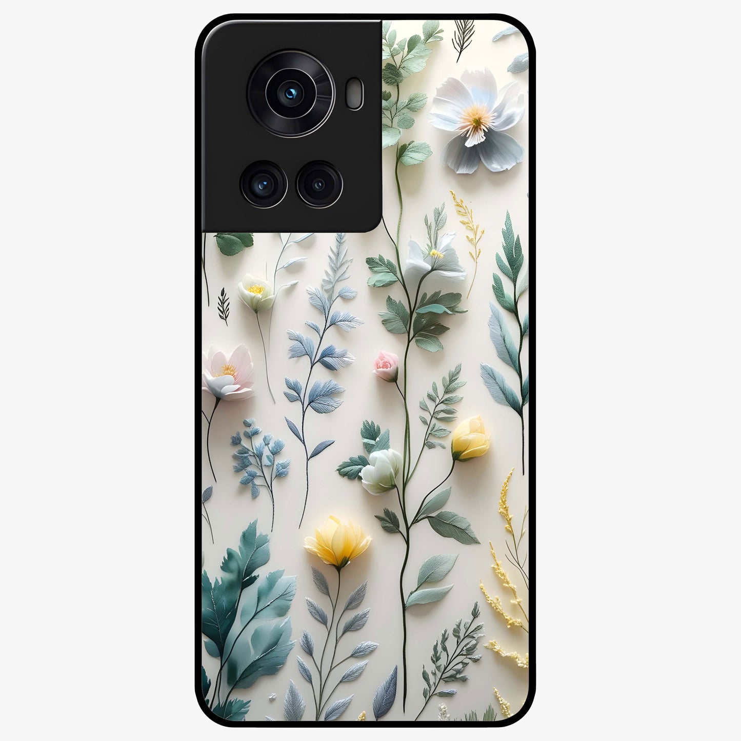 Pastel Garden Whispers Glass Case for 1+10R soft front view featuring delicate pastel floral artwork
