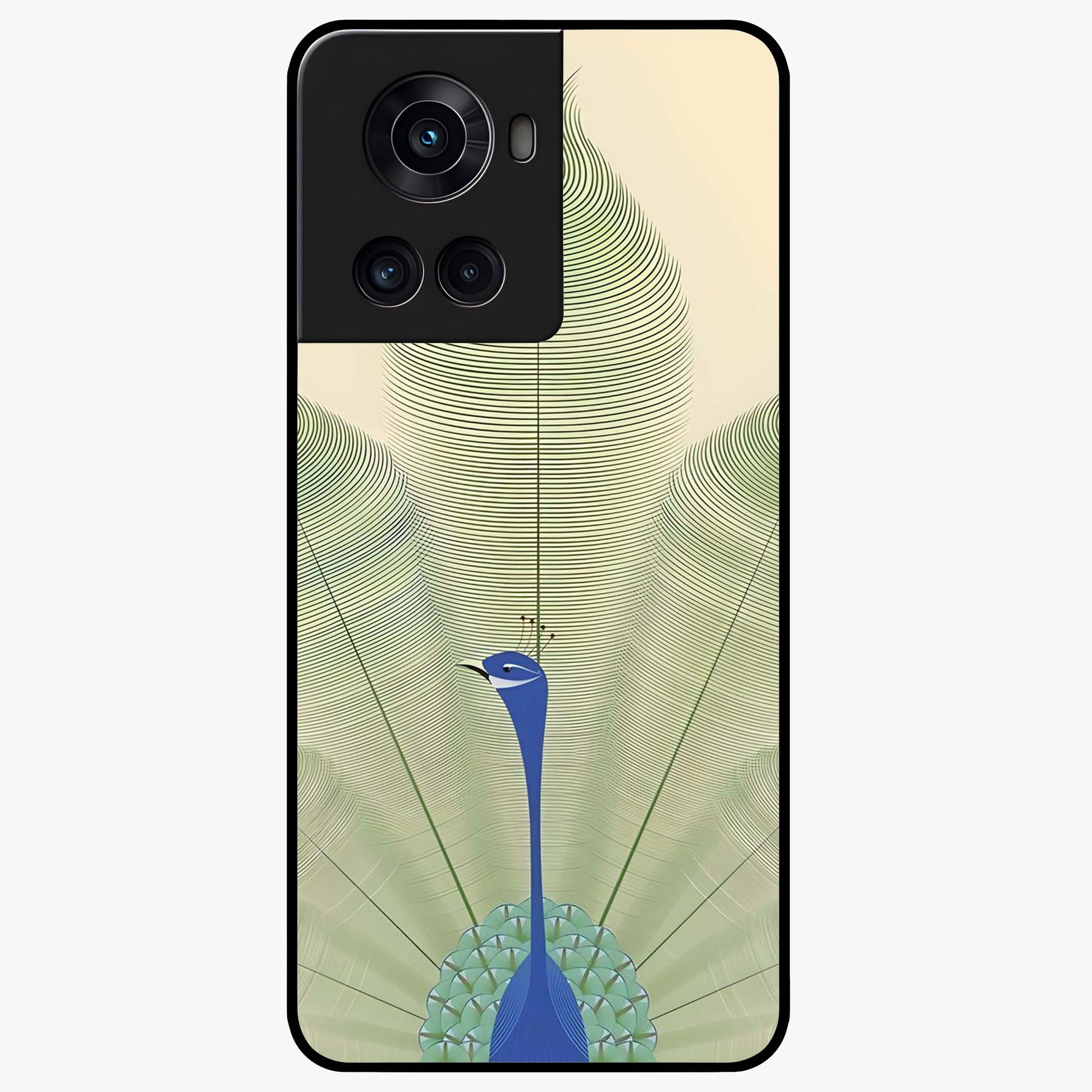 Peacock Feather Grace Glass Case for 1+10R elegant front view featuring detailed peacock feather artwork