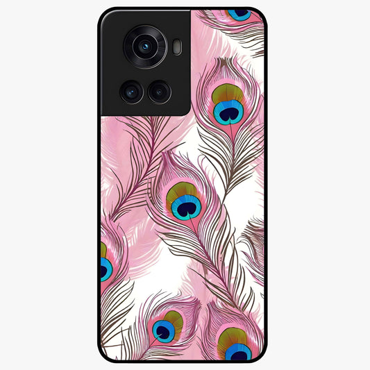 Peacock Feathers Floating Glass Case for 1+10R artistic front view featuring floating feather artwork with rich colors