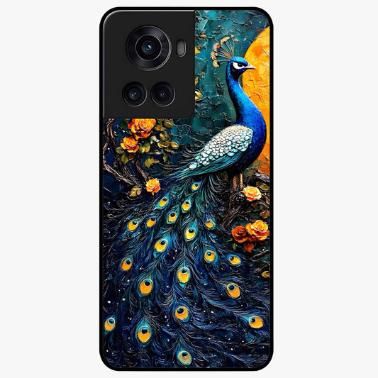 Peacock With Yellow Moon Glass Case for 1+10R striking front view featuring peacock artwork under glowing yellow moon