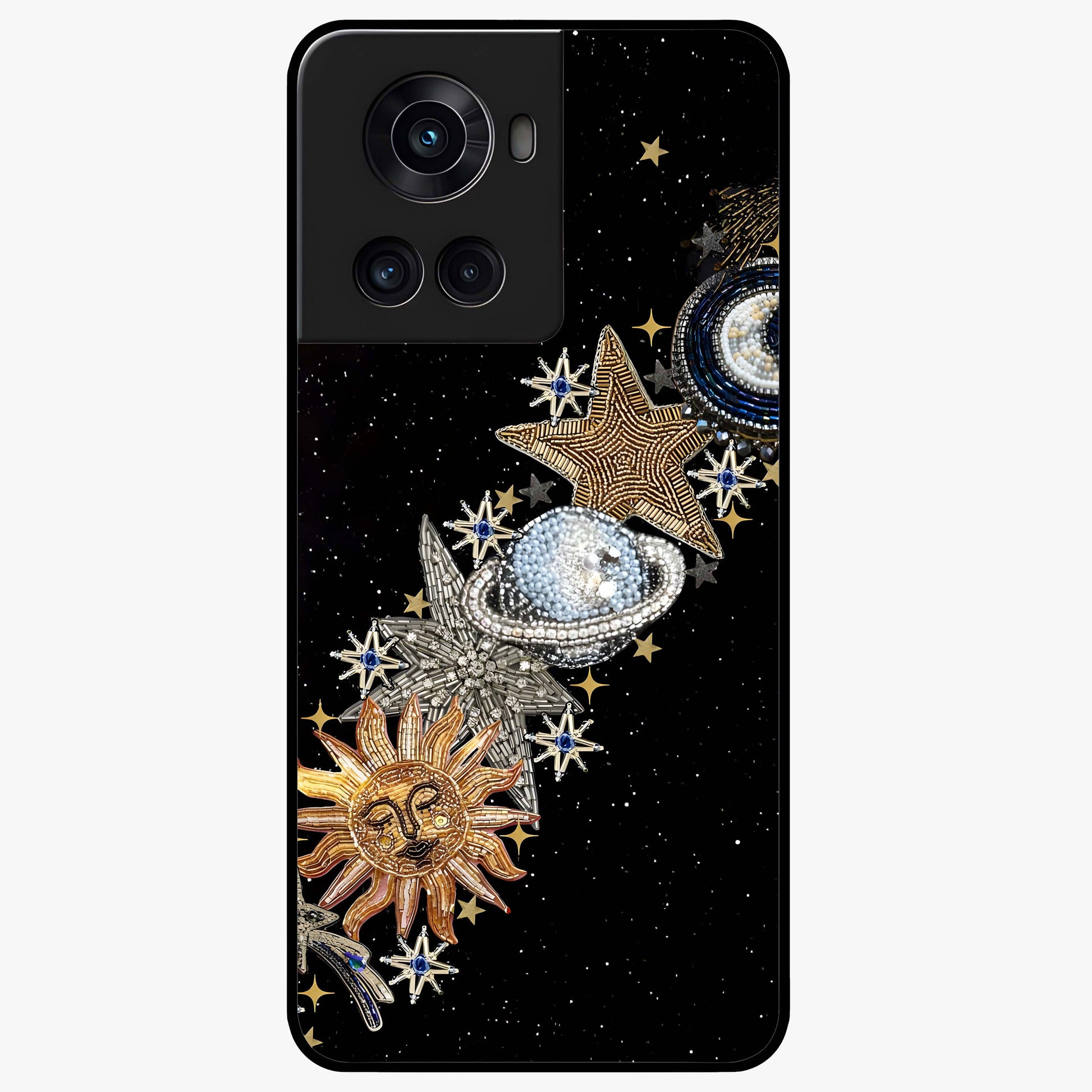 Pearls Universe Object Glass Case for 1+10R artistic front view featuring pearl inspired cosmic artwork
