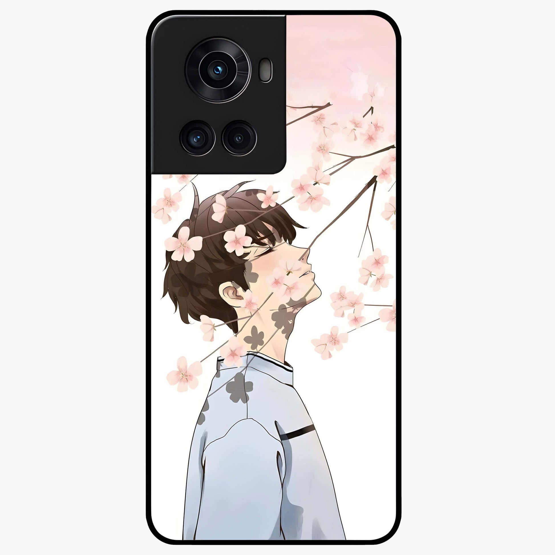Pink Blossom Boy Glass Case for 1+10R aesthetic front view featuring illustrated character with pink floral accents
