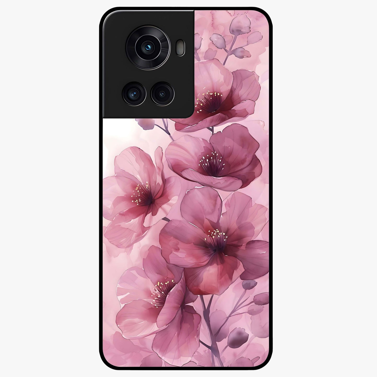 Pink Floral Glass Case for 1+10R elegant front view featuring soft pink flower artwork