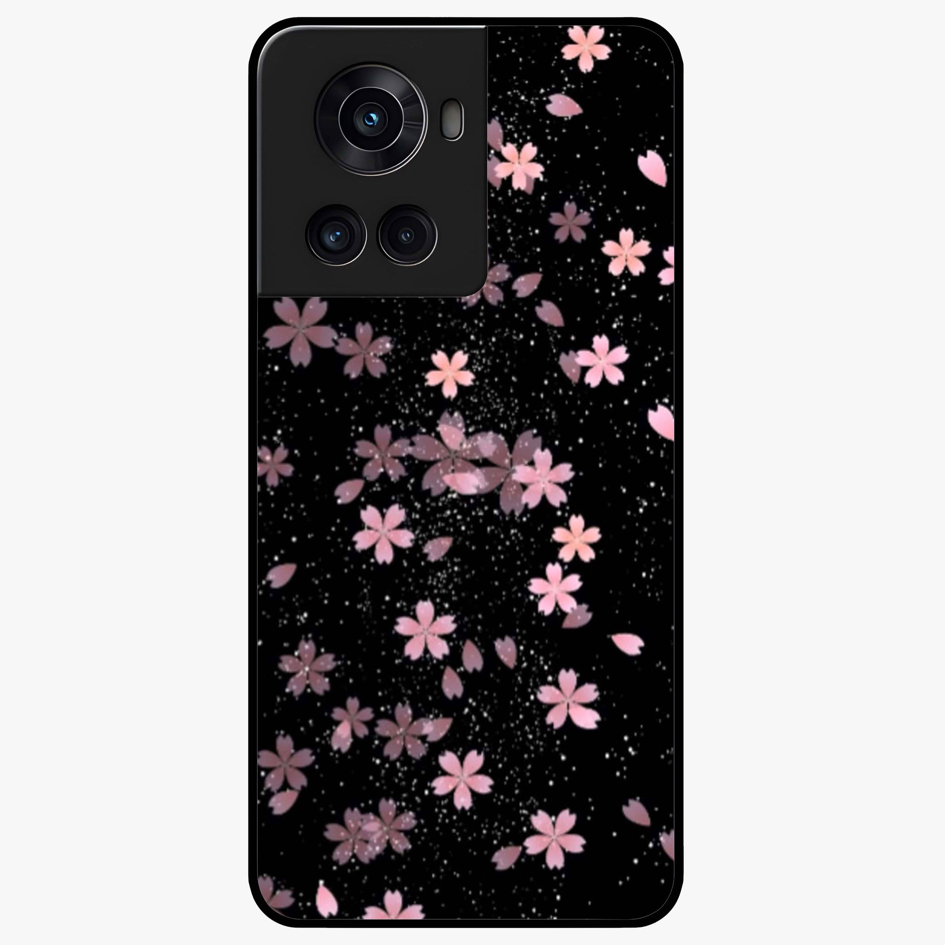 Pink Flower Black Background Glass Case for 1+10R striking front view featuring vibrant pink flower on dark backdrop