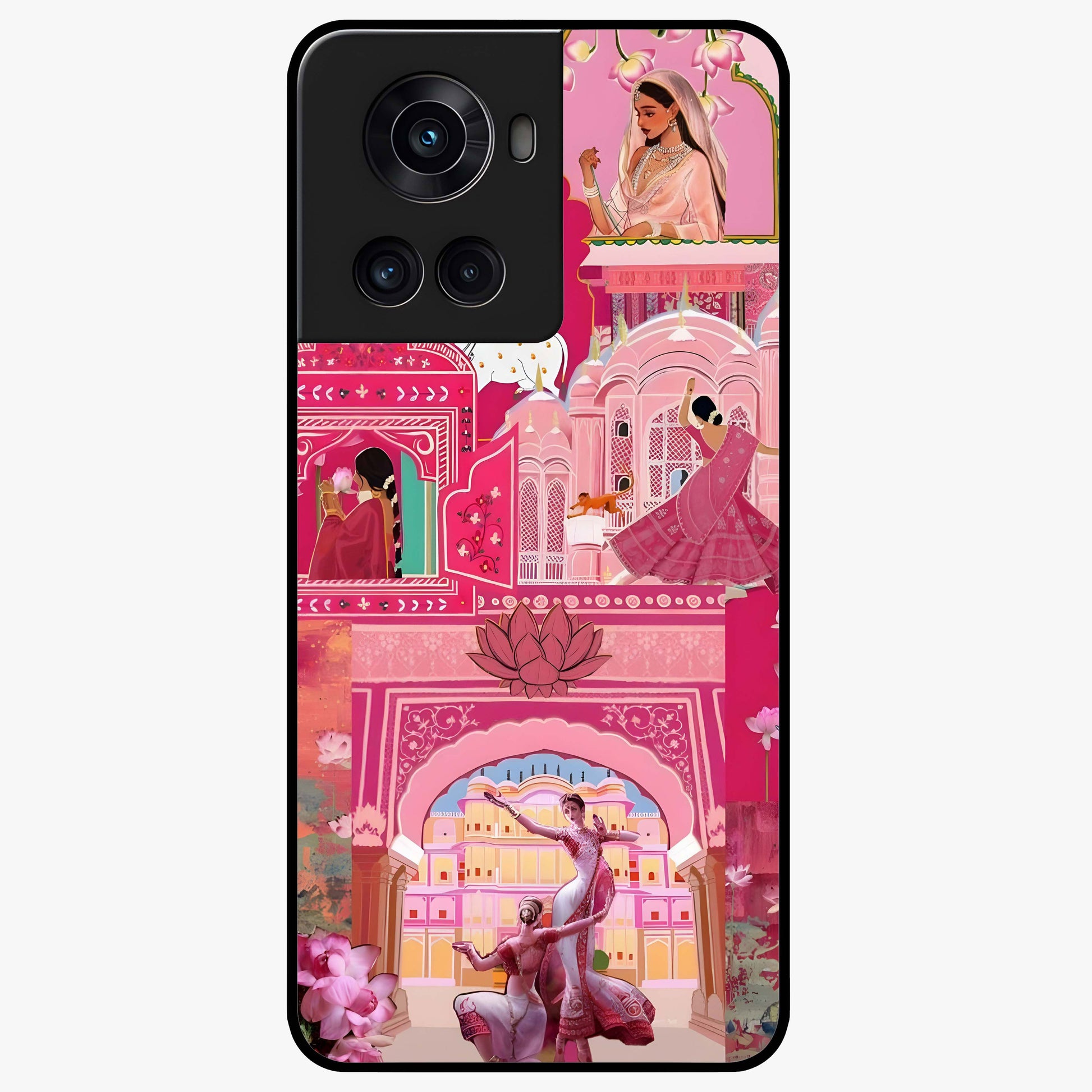 Pink Palace Muse Glass Case for 1+10R elegant front view featuring palace inspired artwork in soft pink hues