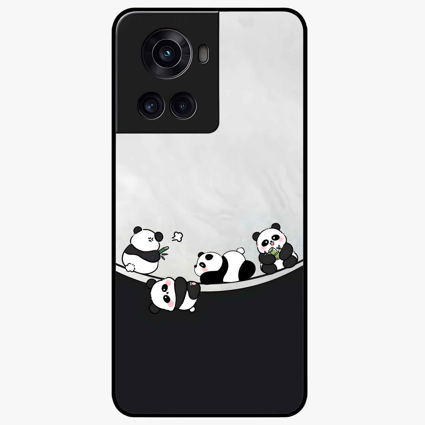 Playful Panda Parade Glass Case for 1+10R adorable front view featuring cute panda artwork in lively poses