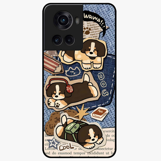 Puppy Sticker Parade Glass Case for 1+10R playful front view featuring multiple puppy sticker style artwork