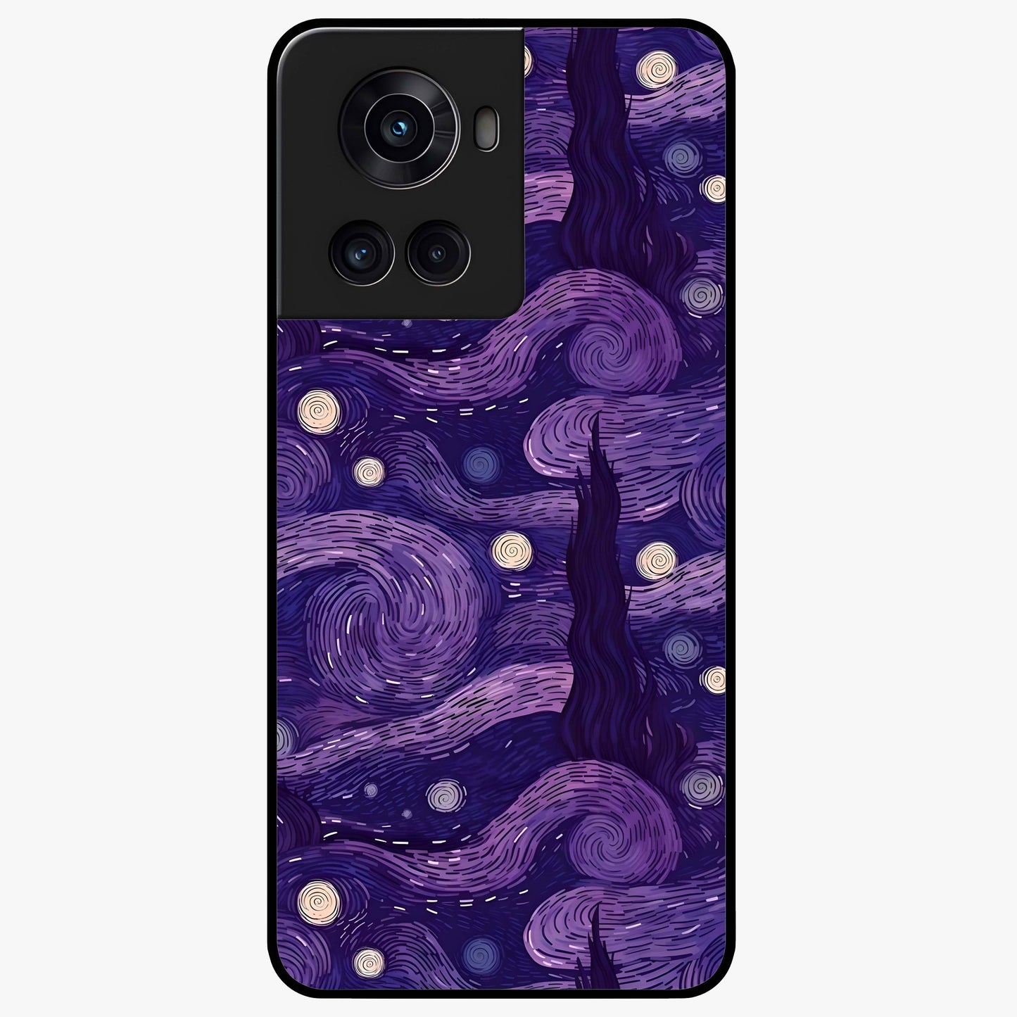 Purple Swirls Glass Case for 1+10R artistic front view featuring flowing swirl artwork in rich purple tones