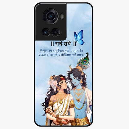 Radha Krishna Eternal Glass Case for 1+10R serene front view featuring timeless Radha Krishna devotional artwork