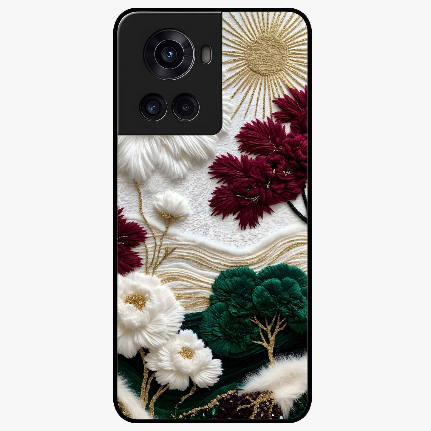 Radiant Bloom Elegance Glass Case for 1+10R elegant front view featuring luminous floral artwork