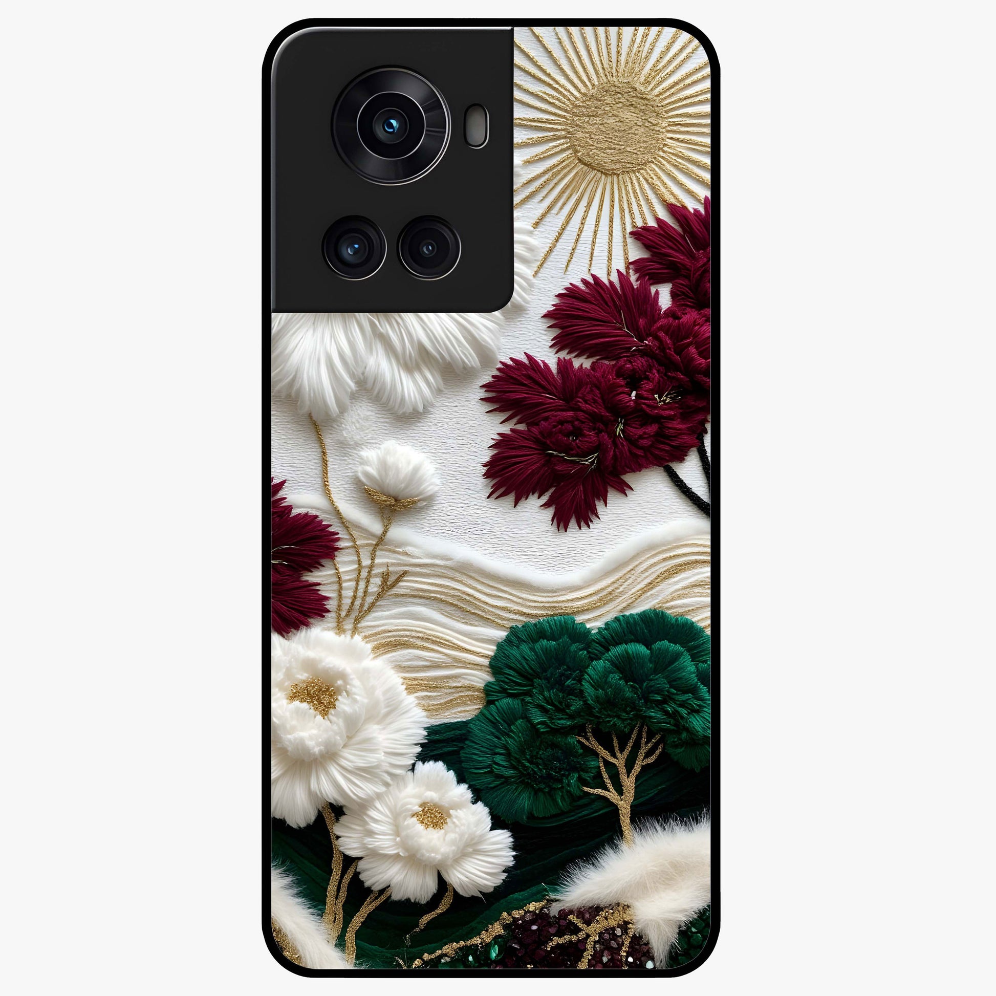 Radiant Bloom Elegance Glass Case for 1+10R elegant front view featuring luminous floral artwork
