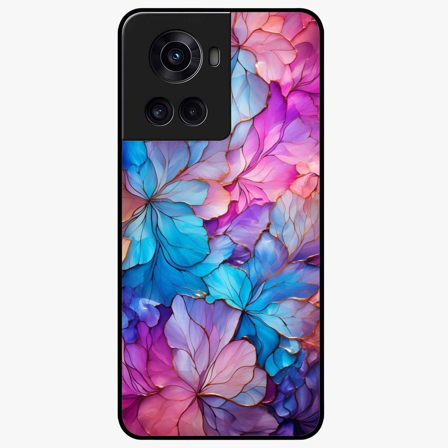 Radiant Floral Whirl Glass Case for 1+10R artistic front view featuring swirling floral artwork