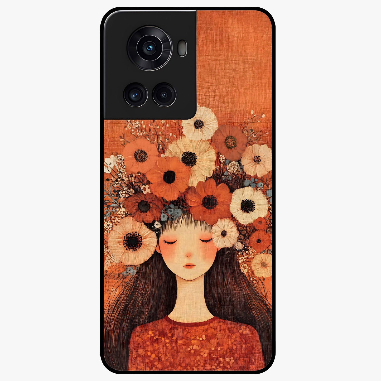 Radiant Flower Thoughts Glass Case for 1+10R soft front view featuring delicate floral artwork with artistic vibe