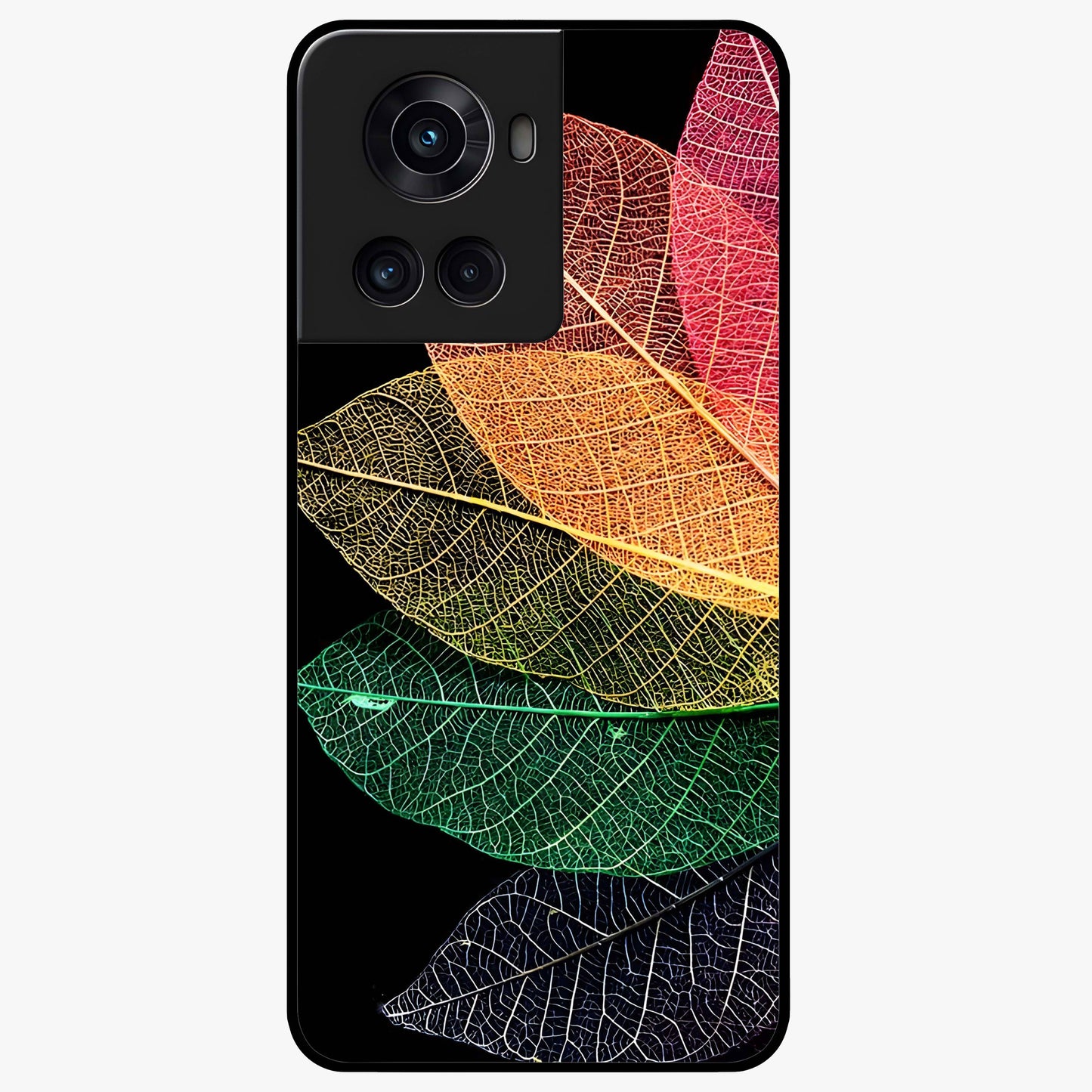 Rainbow Leaf Glow Glass Case for 1+10R colorful front view featuring vibrant leaf artwork with glowing effect