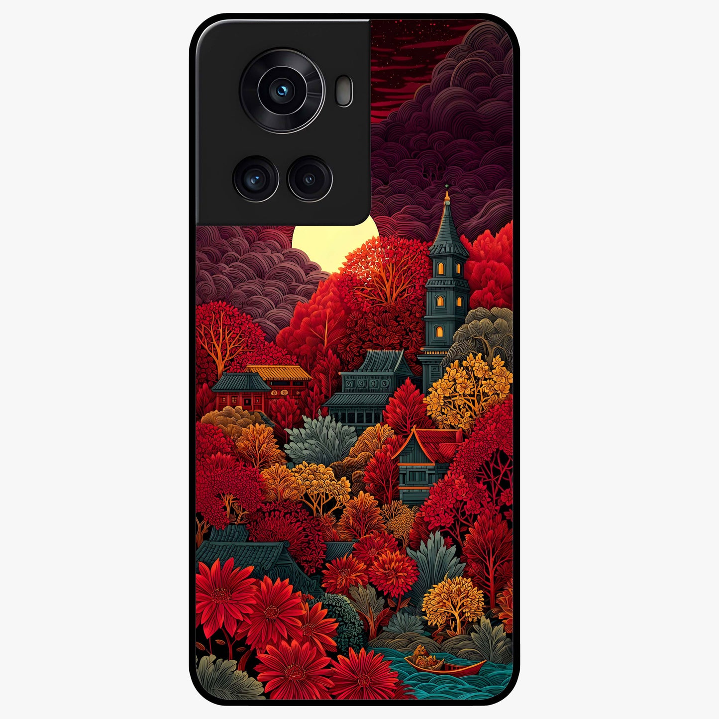 Red Scenery Hot Glass Case for 1+10R dramatic front view featuring bold red landscape artwork