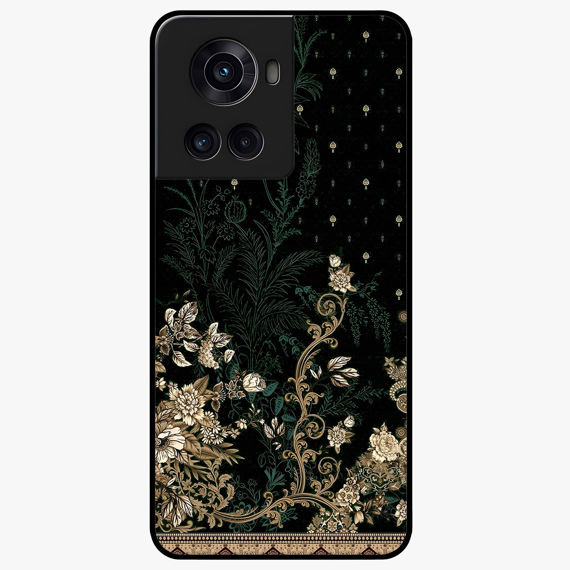 Regal Botanical Tapestry Glass Case for 1+10R luxurious front view featuring intricate botanical tapestry artwork
