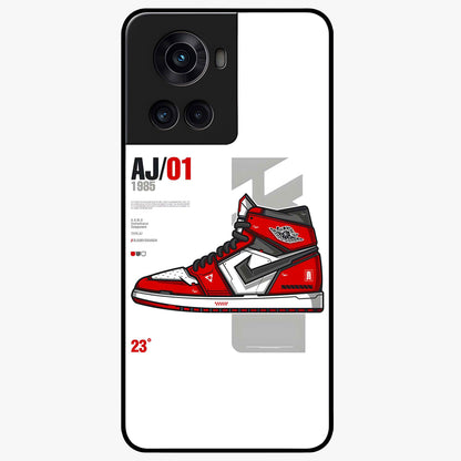 Retro Sneaker Blueprint Glass Case for 1+10R bold front view featuring sneaker blueprint style artwork