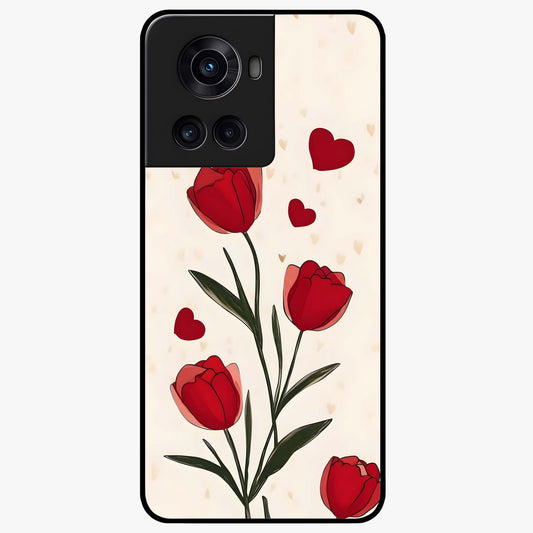 Romantic Tulip Hearts Glass Case for 1+10R sweet front view featuring tulip floral artwork with heart accents