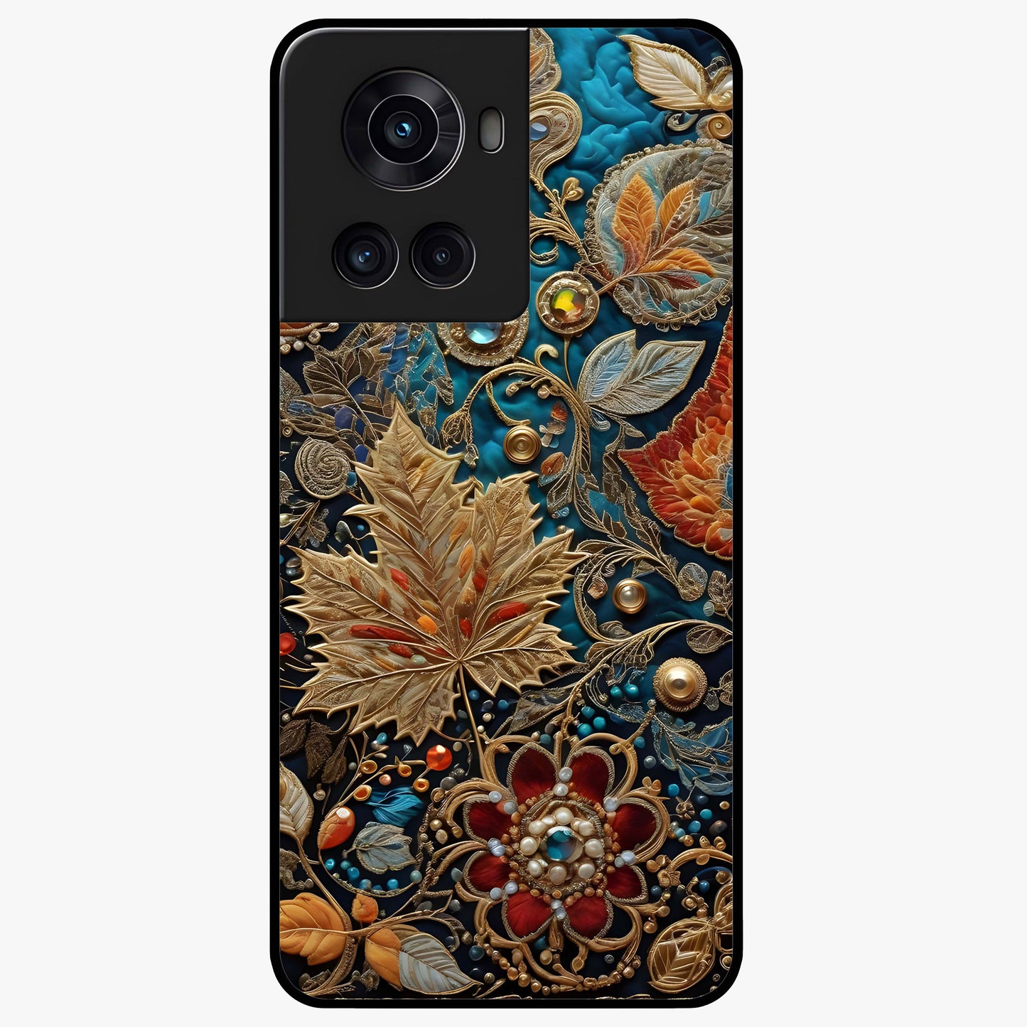 Royal Jewel Garden Glass Case for 1+10R luxurious front view featuring ornate floral artwork with jewel accents