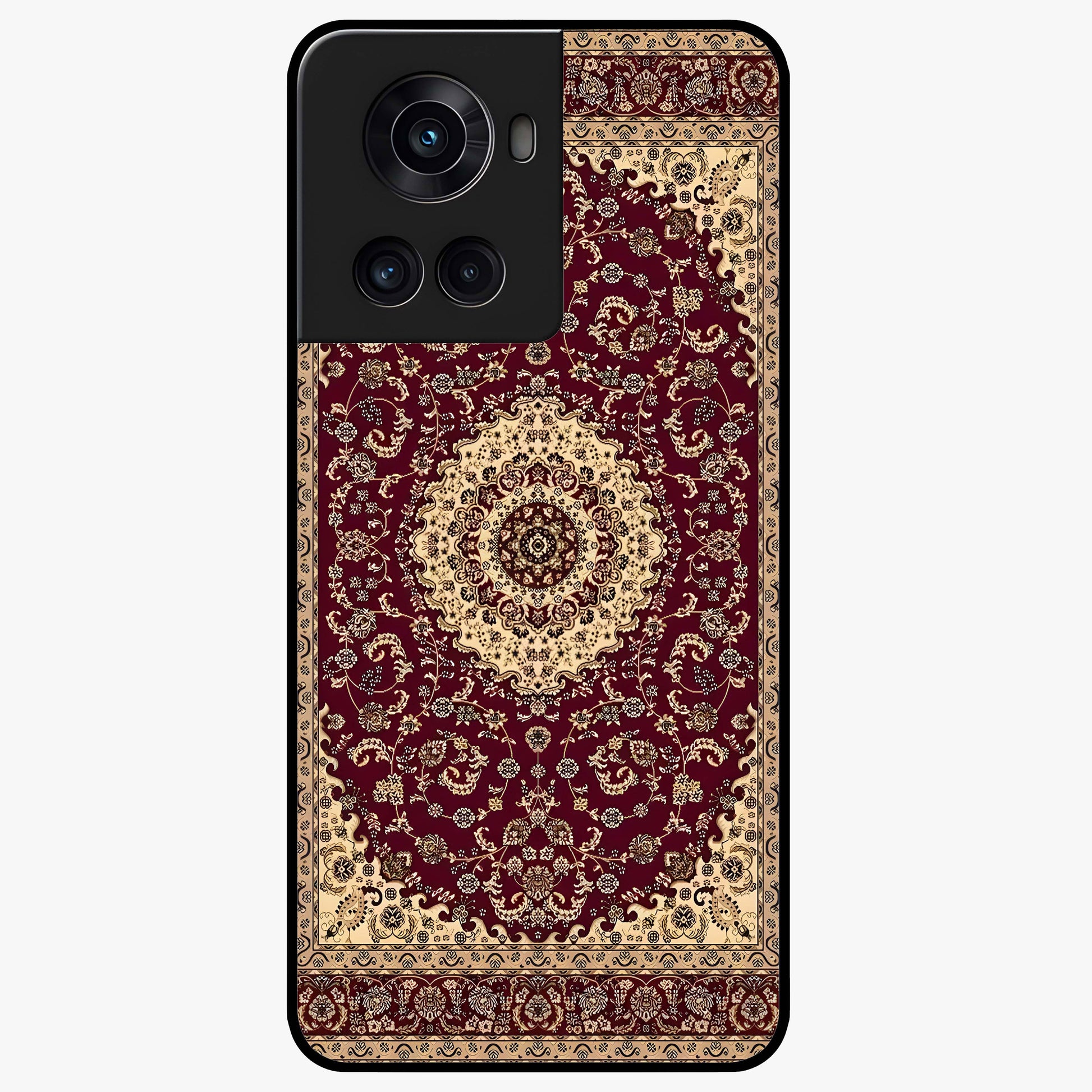 Royal Maroon Heritage Glass Case for 1+10R bold front view featuring intricate heritage pattern artwork in maroon tones