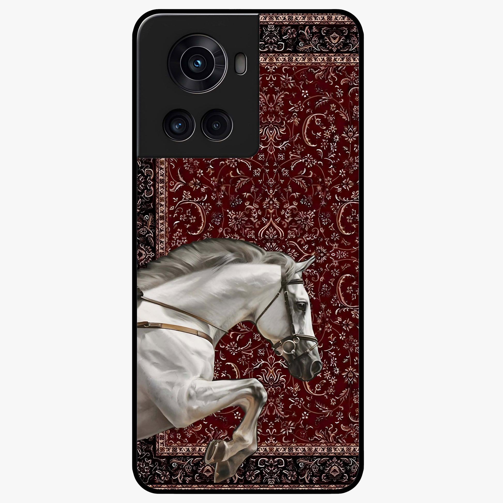 Royal Rider Tapestry Glass Case for 1+10R majestic front view featuring rider artwork in tapestry style