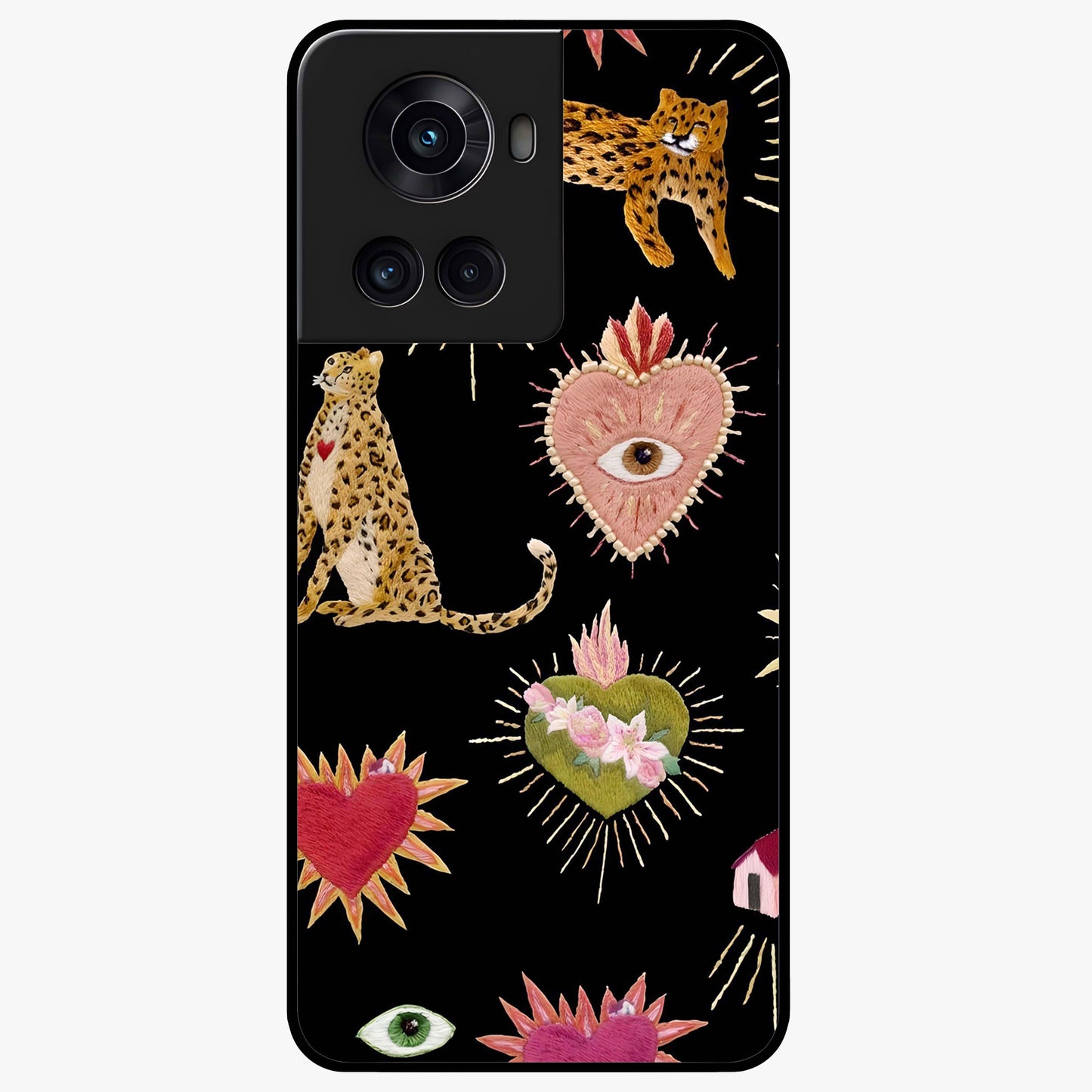 Sacred Jungle Heart Glass Case for 1+10R vibrant front view featuring jungle inspired artwork with symbolic heart accents