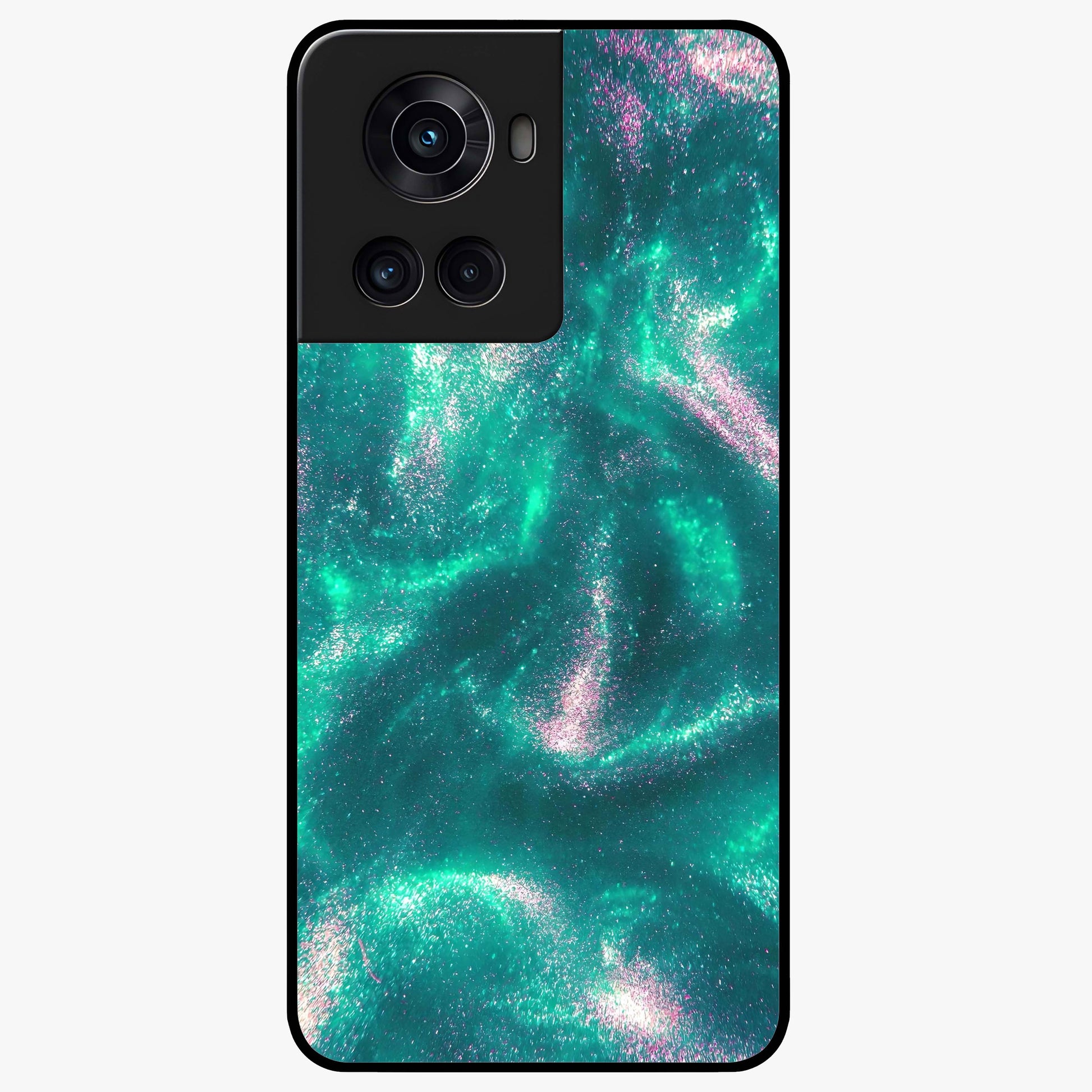 Shimmering Nebula Waves Glass Case for 1+10R vibrant front view featuring cosmic wave artwork in glowing tones