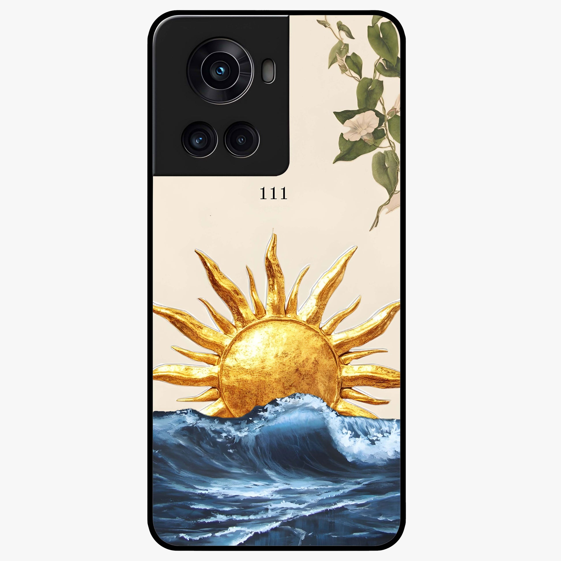 Solar Wave Bloom Glass Case for 1+10R vibrant front view featuring floral artwork blended with solar wave patterns