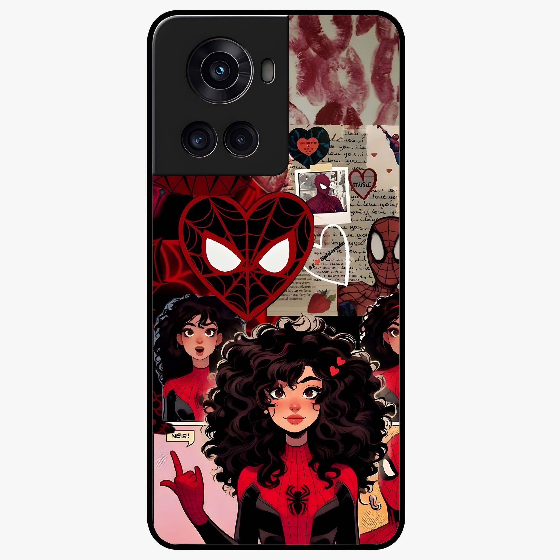 Spider Love Story Glass Case for 1+10R bold front view featuring superhero inspired romantic artwork