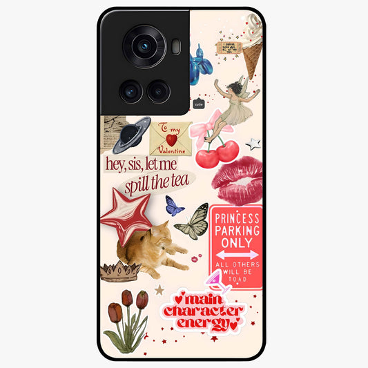 Spill the Tea Retro Collage Glass Case for 1+10R playful front view featuring vintage style collage artwork