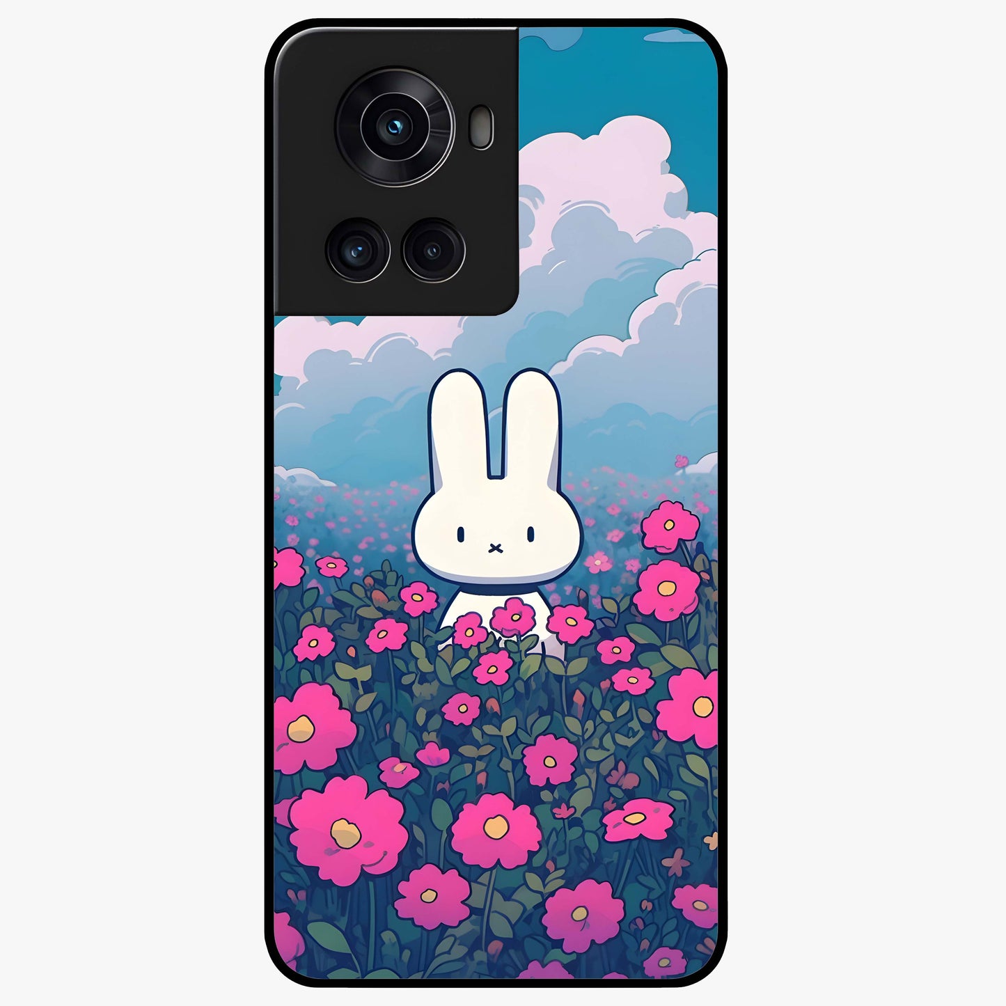 Springtime Blossom Bunny Glass Case for 1+10R adorable front view featuring bunny artwork with spring floral accents